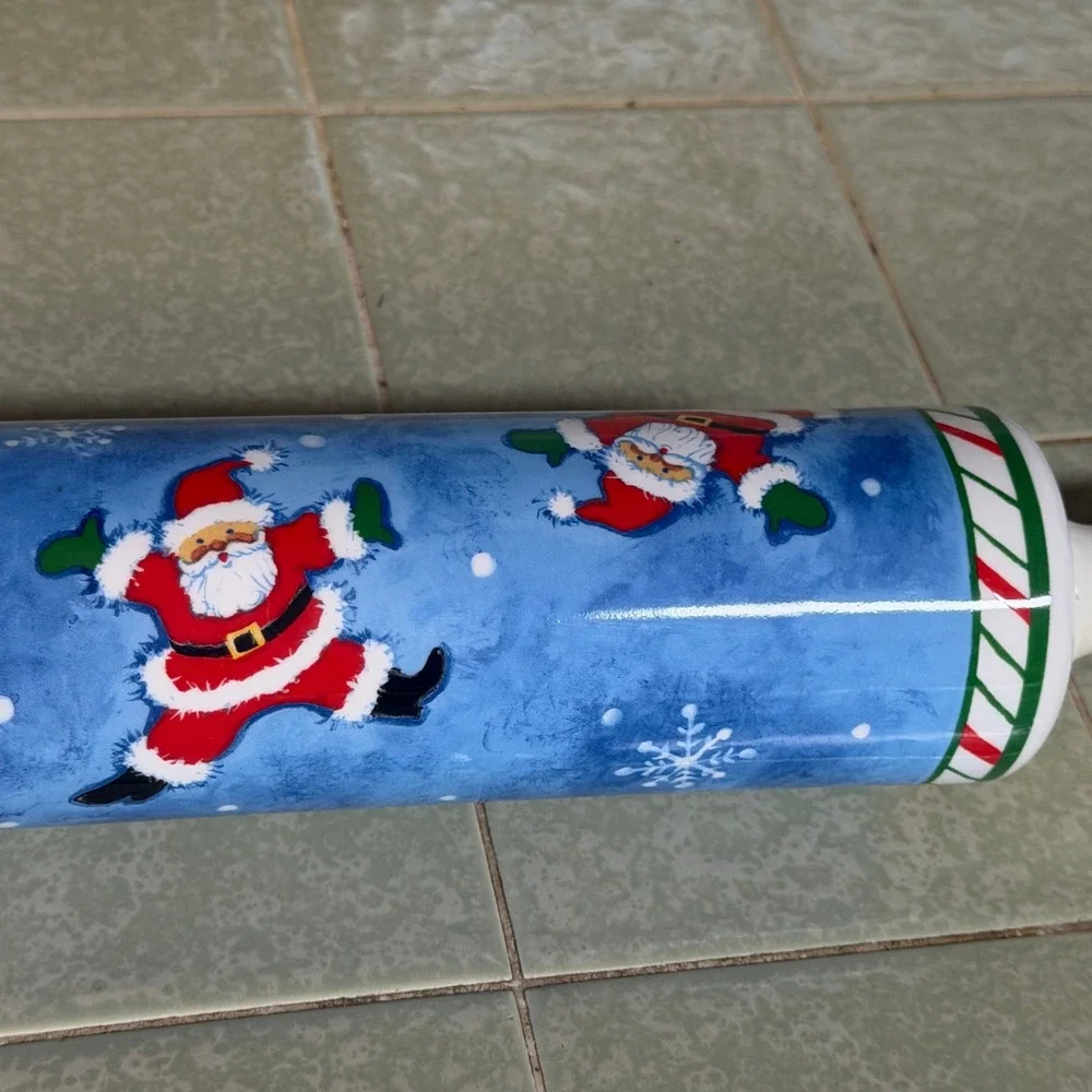 CounterArt Ceramic Rolling Pin Christmas Dancing Santa Blue Holiday Kitchenware